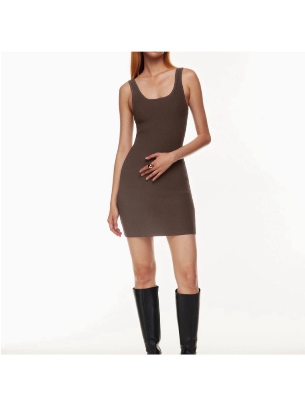 Babaton Taupe Scoop Neck Ribbed Bodycon Dress